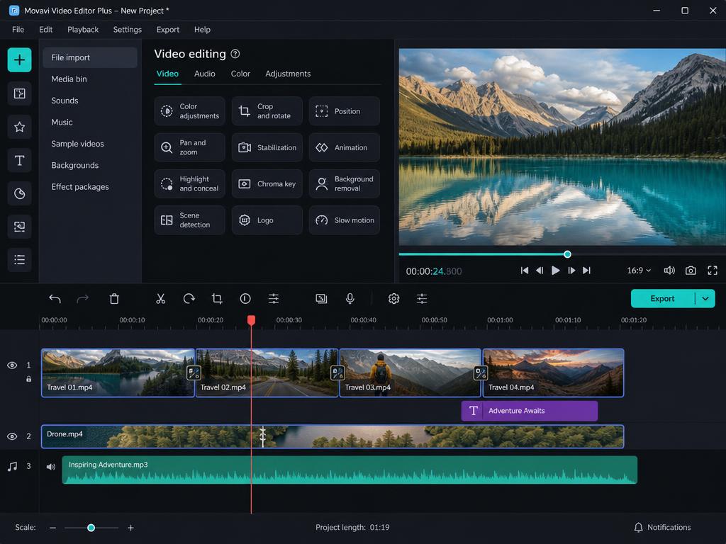 Movavi Video Editor Plus timeline view showing multi-track editing with video, audio and title layers