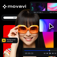 Movavi Video Editor Plus promotional banner showing easy-to-use video maker interface